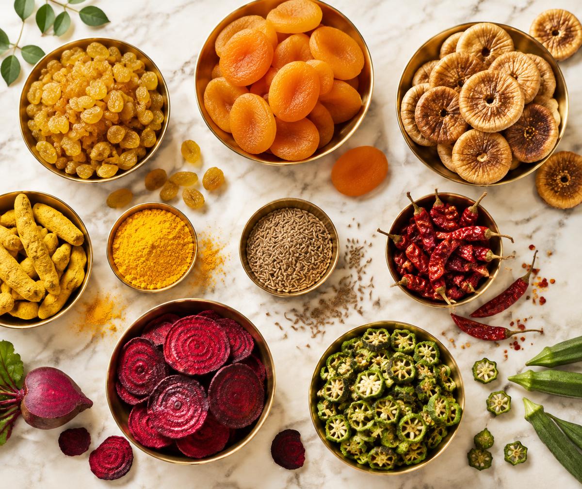 Dried fruits, spices and vegetable chips arranged on marble